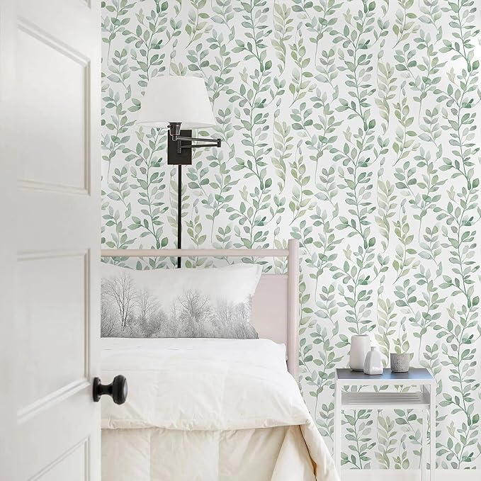 MelunMer Modern Leaf Peel and Stick Wallpaper Boho Green Contact Paper for Cabinets Self-Adhesive Removable Wallpaper for Bedroom Decor Botanical Contact Paper Bathroom Waterproof 590inL17.3inW