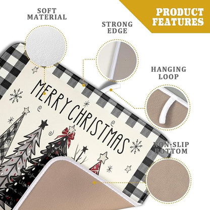 Merry Christmas Tree Dish Drying Mat for Kitchen Counter 16x18 Inch Black Red Grey Xmas Plaid Print Absorbent Reversible Microfiber Drying Mats Kitchen Countertop Protector Dishes Drainer Rack Pad