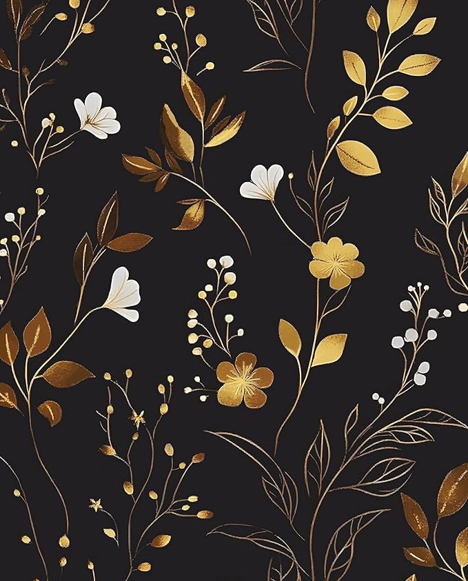 Black Floral Wallpaper Peel and Stick, Dark Gold Vintage Flower Contact Paper 17.5" x 393.7", Golden/White Botanical Wall Paper Self Adhesive Waterproof Removable for Room Cabinet Drawer Table Decor