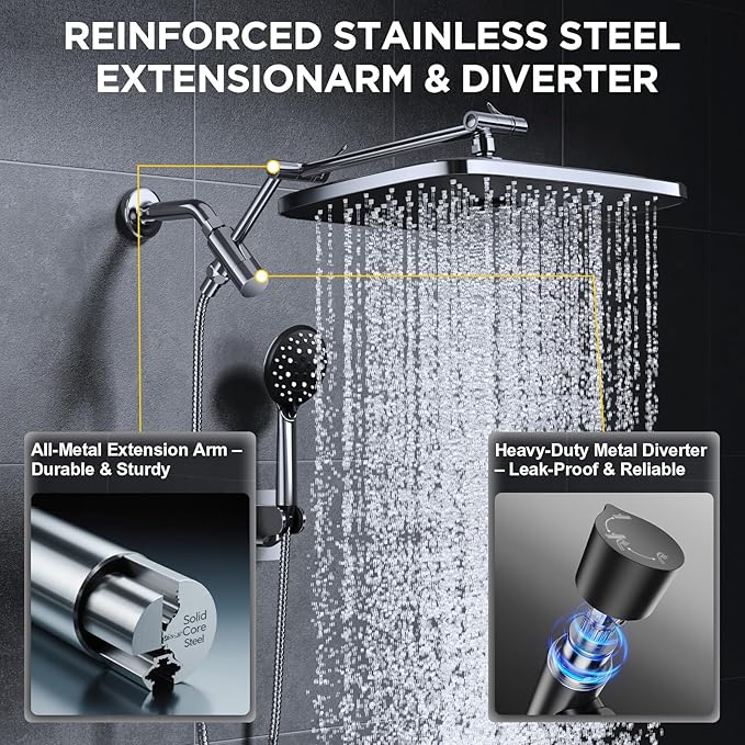 Veken 14" Wide Rain Shower Head with Handheld, High Pressure Handheld Shower Heads with Multi Spray Modes, Rainfall Combo with Metal Extension Arm,Detachable Dual Shower, Extra Long Hose,Silver Chrome