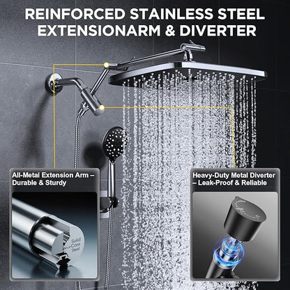 Veken 14" Wide Rain Shower Head with Handheld, High Pressure Handheld Shower Heads with Multi Spray Modes, Rainfall Combo with Metal Extension Arm,Detachable Dual Shower, Extra Long Hose,Silver Chrome
