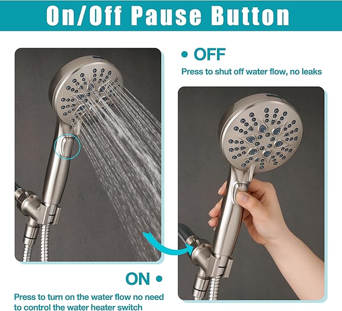 Handheld Shower Head with on off Switch&Built-in Power Spray,7-Setting High Pressure Shower Wand with 79in Long Hose&Bracket and Extra Adhesive Shower Holder for Lower Mount,Brushed Nickel