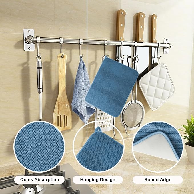 2 Pack Dish Drying Mats for Kitchen Counter, 20*15 Inch Microfiber Absorbent Dish Drainer Mats with Hanging Loop, Medium Size Dish Drying Pad for Countertops, Draining Racks, Sinks (Blue)