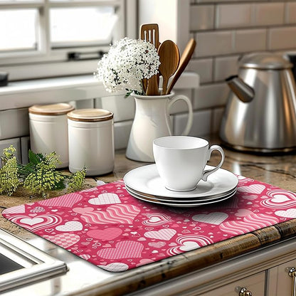 Red Heart Valentine Dish Dry Mat - 18x24 Inch Absorbent Reversible Dish Pad for Kitchen Counter