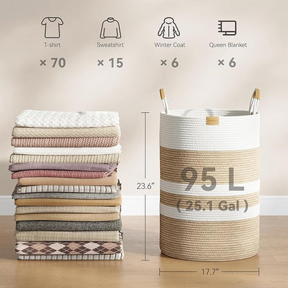 95L Striped Laundry Hamper with Leather Handles,Large Foldable Laundry Basket for Clothes,Cotton Rope Storage Bin for Blankets,Woven Clothes Basket for Bedroom,Beige Stripes
