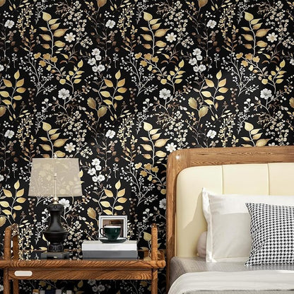 Laatse Boho Wallpaper Peel and Stick Dark Floral Wallpaper 17.5in x118in Vintage Leaf Contact Paper Vinyl Waterproof Self Adhesive Golden Leaf Botanical Wall Paper for Cabinet Table Drawer Decor