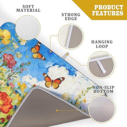 Floral Dish Drying Mat for Kitchen Counter 18x24 Spring Summer Theme Colorful Flower Butterfly Seasonal Absorbent Reversible Microfiber Drying Mats Kitchen Countertop Protector Dishes Drainer Pad