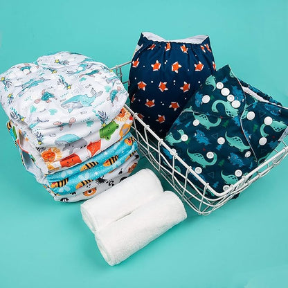 babygoal Reusable Cloth Diapers 6 Pack with 10pcs Inserts, One Size Adjustable Washable Pocket Nappy Covers for Baby Boys and Girls 6FB12