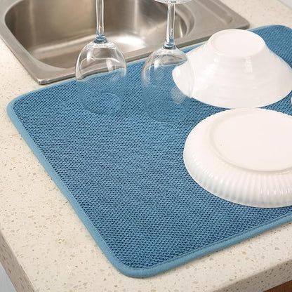 2 Pack Microfiber Dish Drying Mat for Kitchen Counter,Ultra Absorbent Dish Drainer Mat ,Dish Drying Pad ,Dish Rack Mat 20×15 Inch (Blue)