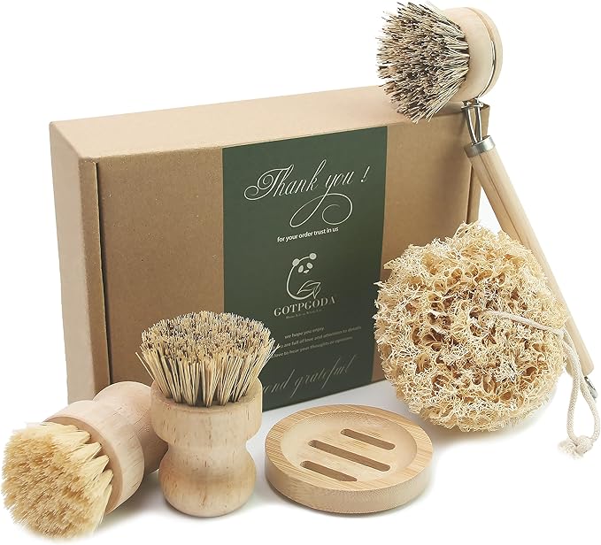Dish Brush Set with Wooden Handle | Nautral & Bamboo Fibers Plastic Free | Pot Brush Scourer Scrubber ~ 5 Pcs Kitchen Dish Cleaning Tools - Makes Dish Cleaning Easy