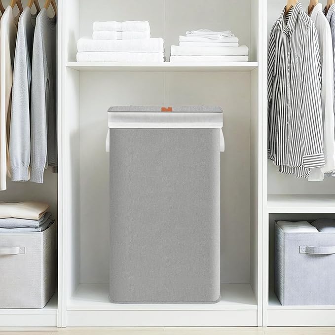 STORAGE MANIAC Metal Frame Laundry Hamper with Lid, 90L Tall Laundry Baskets with Removeable Bag, Large Clothes Hamper with PU Tag, Laundry Bin for Dorm, Collage, Bathroom, Bedroom, Gray