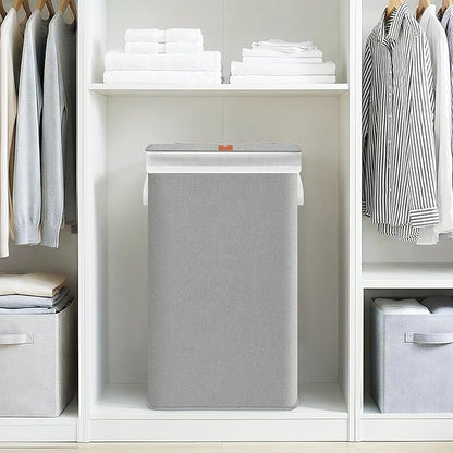 STORAGE MANIAC Metal Frame Laundry Hamper with Lid, 90L Tall Laundry Baskets with Removeable Bag, Large Clothes Hamper with PU Tag, Laundry Bin for Dorm, Collage, Bathroom, Bedroom, Gray