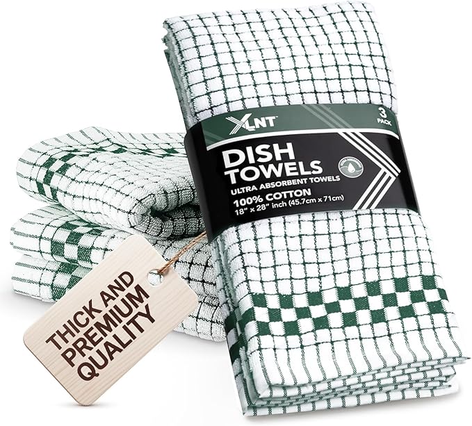 XLNT Highly Absorbent Kitchen Dish Towels 100% Cotton 18x28 inch – Ultra-Thick Dishcloths – Premium Weave for Drying & Cleaning – Soft, Durable & Lint-Free – Pack of 3 Green