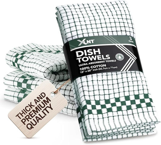 XLNT Highly Absorbent Kitchen Dish Towels 100% Cotton 18x28 inch – Ultra-Thick Dishcloths – Premium Weave for Drying & Cleaning – Soft, Durable & Lint-Free – Pack of 3 Green