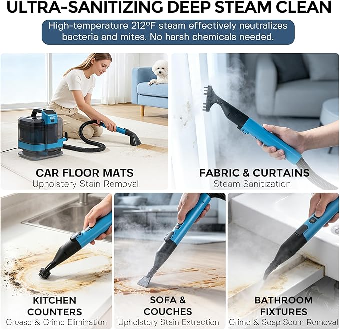 HAUSMEISTER Portable Carpet Spot Cleaner with Steam, 1600W Upholstery Cleaner Machine, 12KPa Strong Suction, Cold/Hot/Steam Modes, Self-Cleaning, for Couch, Car Seats & Rugs