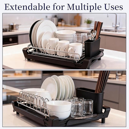 Dish Drying Rack Compact Expandable Double-Decker: Stainless, Rust-Proof, fits Kitchens/Apartments, extends 11.42"-19.9" (Black).