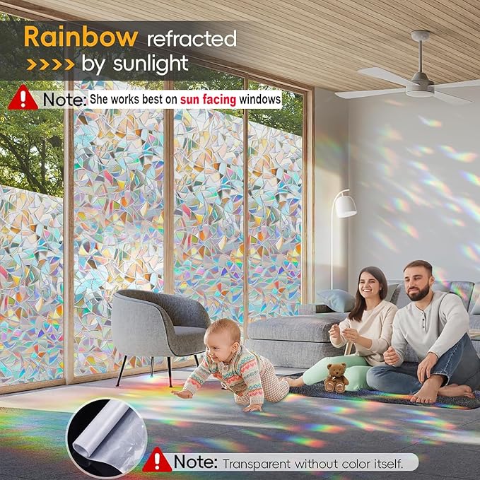 Rainbow Window Privacy Film Decorative, Stained Glass Tint for Home, 3D Decals Clings for Glass Windows, Static Cling Sticker, Suncatcher Cover, 29.5 Inch x 157.4 Inch