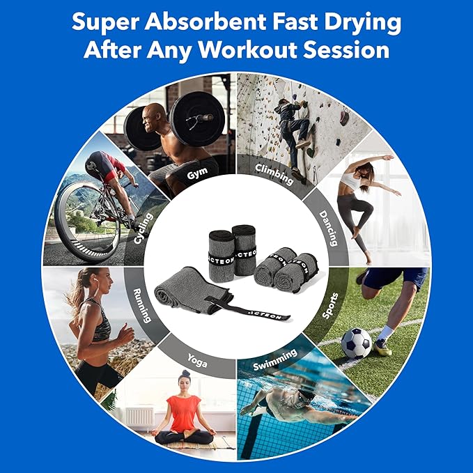 Acteon Microfiber Quick Dry Gym Towel, Silver ION Odor-Free Absorbent Fiber, Fast Drying, Men & Women Workout Gear for Body Sweat, Working Out, Towels Charcoal Grey