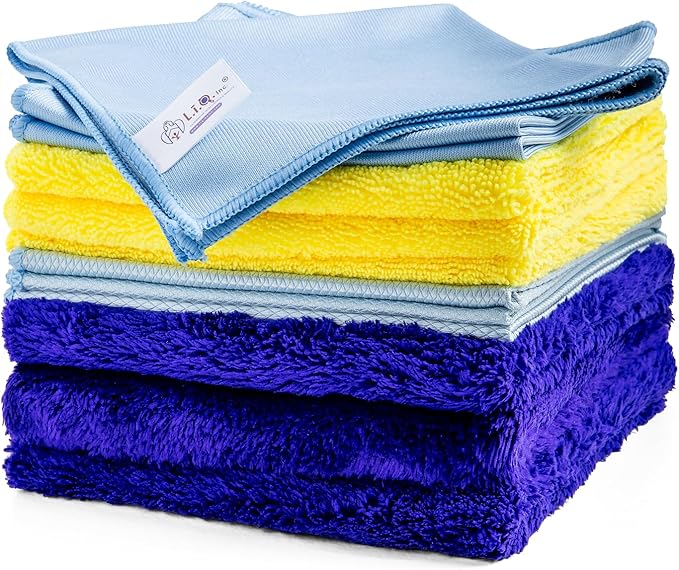 L.I.Q. Microfiber Cleaning Cloths (Pack of 12) – 4 Types: Coral Fleece, Glass, Fishscale & Long Pile (3 Each) – Reuseable, Lint-Free Microfiber Cloths for Cleaning - for Wood, Glass, Metal, and More