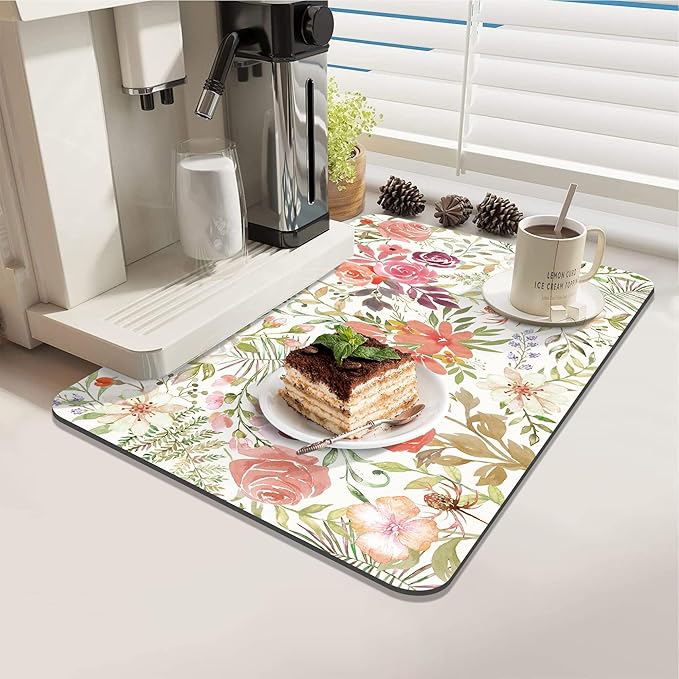 LOKHOM Dish Drying Mat for Kitchen Counter, 12"x20" Absorbent Coffee Bar Mat with Pink Roses Petals , Dish Drainer Rack Mats for Kitchen Counter Coffee Maker Coffee Pot Dining Room Decoration
