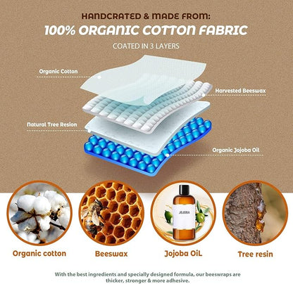 Akeeko Reusable Beeswax Food Wraps - Assorted 9 Packs, Reusable, Plastic-Free Food Storage, 5 Small, 3 Medium, 1 Large Wraps with Plants Pattern