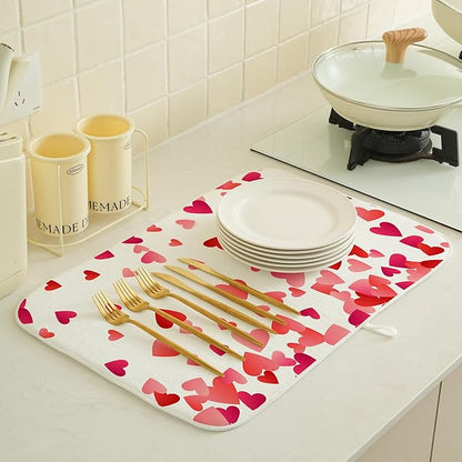 Valentine's Dish Drying Mat 18x24 Inches For Kitchen Counter Absorbent Pink Red Love Heart Kitchen Decoration Mother's Day Anniversary Wedding Drying Mat Pad For Home Kitchen,Dining Room,Office