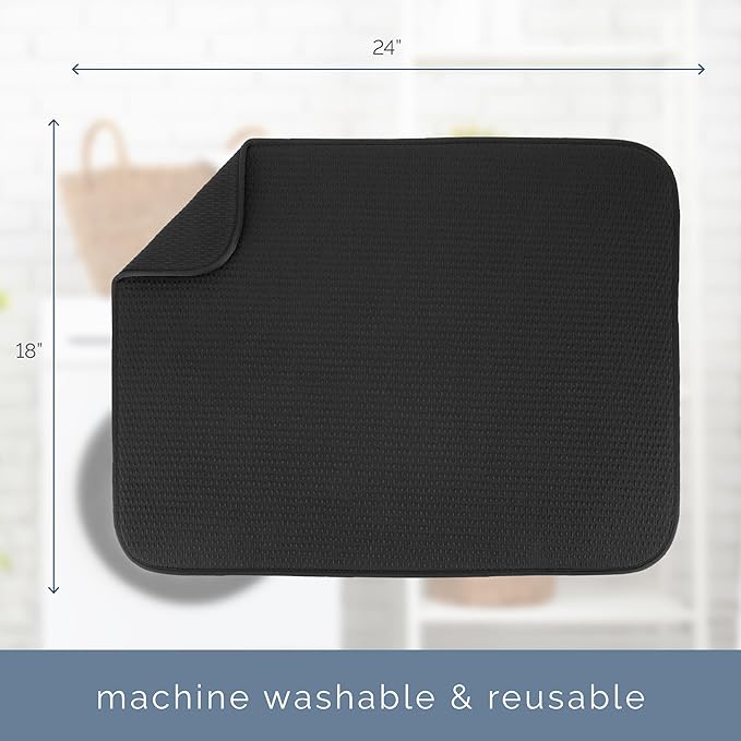 S&T INC. Dish Drying Mat XL, 18” x 24”, Absorbent Microfiber Kitchen Counter Mat, Drying Pad for Dishes, Utensils, Pots and Pans, Extra Large, Diamond Texture, Black
