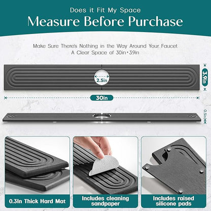 eormoe 30 inch Kitchen Faucet Absorbent Mat - Diatomaceous Earth Splash Guard for Sink Faucet, Aesthetic Water Absorbing Stone Tray in The Modern Home (30" x 3.9", Dark grey)