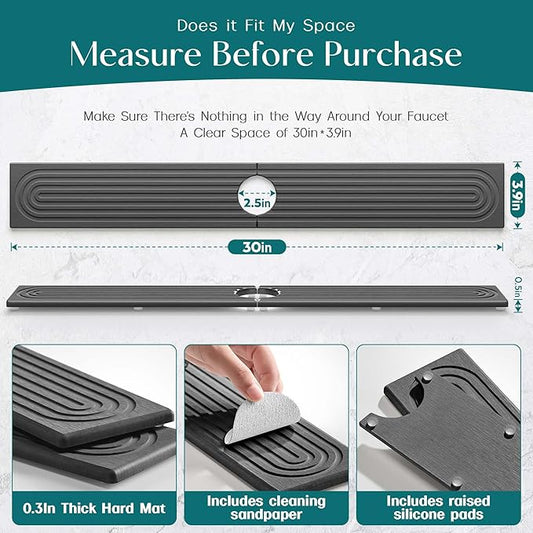 eormoe 30 inch Kitchen Faucet Absorbent Mat - Diatomaceous Earth Splash Guard for Sink Faucet, Aesthetic Water Absorbing Stone Tray in The Modern Home (30" x 3.9", Dark grey)