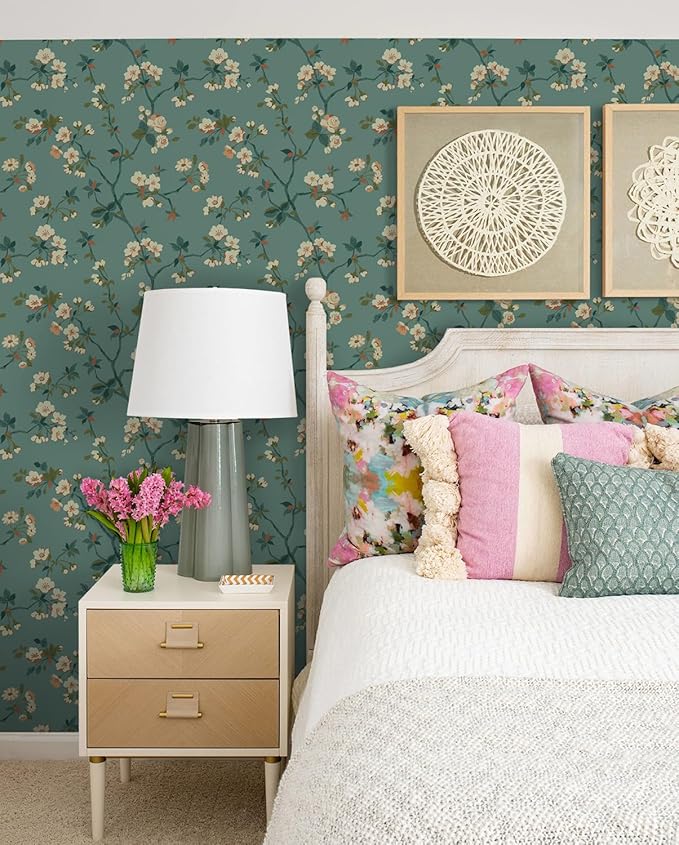 Timeet Floral Wallpaper Peel and Stick Wallpaper Boho Blue/PeachPuff/Green Retro Wall Decor Bedroom Living Room Wall Decor Self Adhesive Removable Mural 16.14in*118.11in