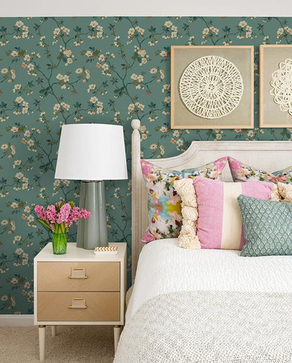 Timeet Floral Wallpaper Peel and Stick Wallpaper Boho Blue/PeachPuff/Green Retro Wall Decor Bedroom Living Room Wall Decor Self Adhesive Removable Mural 16.14in*118.11in