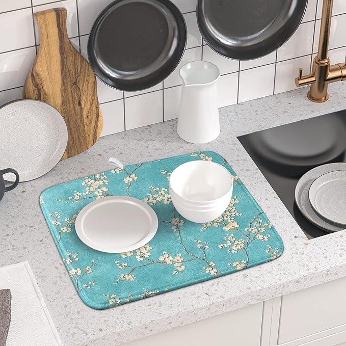 Teal Turquoise Dish Drying Mat for Kitchen Counter Spring Floral Drying Mat 16 x 18 Inch with Absorbent Reversible Microfiber Dish Drying Pad Dish Rack Drainer Mat for Coffee Bar