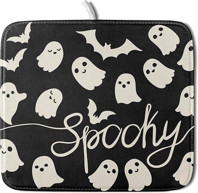 Halloween Dish Drying Mat for Kitchen Counter 16x18 Cute Ghost Black Spooky Holiday Scary Theme Absorbent Reversible Microfiber Drying Mats Kitchen Countertop Protector Dishes Drainer Pad