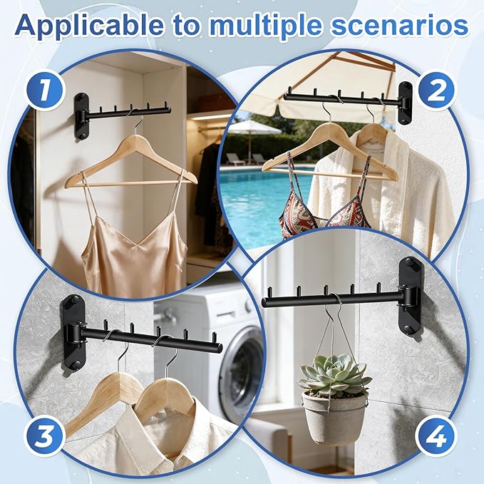 Wall Mounted Clothes Drying Rack, Foldable Drying Rack Clothing, Space Saving Laundry Hanger with 180°Swing Arm, Stainless Steel 304, Clothes Hanger Rack for Bathroom Closet Valet Rod