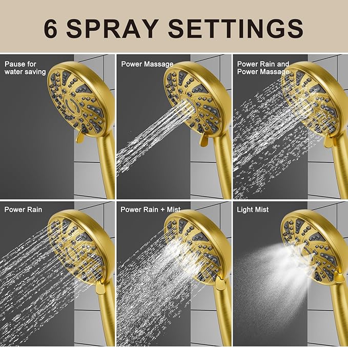 Gold Shower Faucet Set, Single-Handle Shower Kit with Rough-In Valve，6-Mode ABS Handheld Spray, Shower Combo System, Complete Trim Kit, Brushed Gold(without tub spout, Brushed Gold)