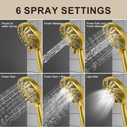 Gold Shower Faucet Set, Single-Handle Shower Kit with Rough-In Valve，6-Mode ABS Handheld Spray, Shower Combo System, Complete Trim Kit, Brushed Gold(without tub spout, Brushed Gold)