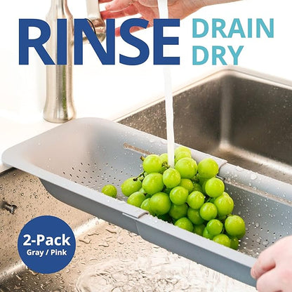 BLUE GINKGO Over the Sink Colander Strainer Basket - Wash Vegetables and Fruits, Drain Cooked Pasta and Dry Dishes - Extendable - New Home Kitchen Essentials (Grey & Pink, 2 Pack)