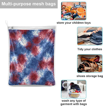 Mesh Laundry Bags Lingerie Bags for Washing Delicates 2 PCS Durable Wash Bag with Zipper Small and Medium Washable Retro Tie Dye Fireworks