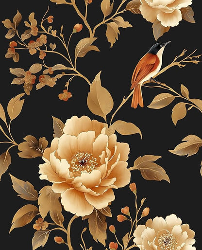 Laatse Vintage Floral Bird Wallpaper Peel and Stick Boho Wallpaper 17.5in x393in Black/Golden Floral Wall Mural Waterproof Self-Adhesive Modern Wall Paper for Bedroom Kitchen Cabinet Drawer Decor