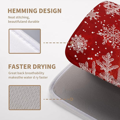 Christmas Dish Drying Mat for Kitchen Counter 16x18 Inch Red Snowflake Xmas Drying Pad Winter Holiday Dish Draining Mat Absorbent Microfiber Dish Drainer Rack Mat for Coffee Bar Kitchen