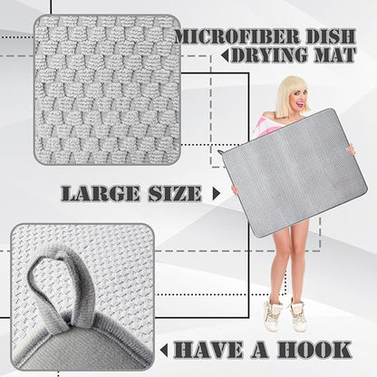 2 Pack Extra Large Microfiber Dish Drying Mat,30 x 24 Inch Super Absorbent Drying Pad,Large Size Dish Drying Mat for Countertops,Sinks,Draining Racks,Gray