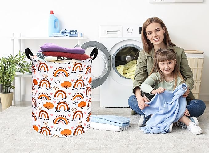 19.7 Inch Round Laundry Clothes Hamper Laundry Basket with Handles,Storage Organizer Bins Laundry Gift Basket for Room, Bedroom Decor (Rainbow)