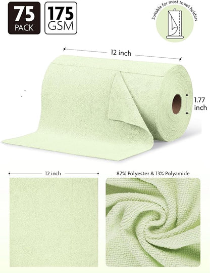 Fantasticlean Microfiber Cleaning Cloth Roll -75 Pack, Tear Away Microfiber Towels, 12" x 12", Reusable, Washable, Scratch Free, Ultra Absorbent Dishcloth for All-Around Cleaning Supplies (Green)