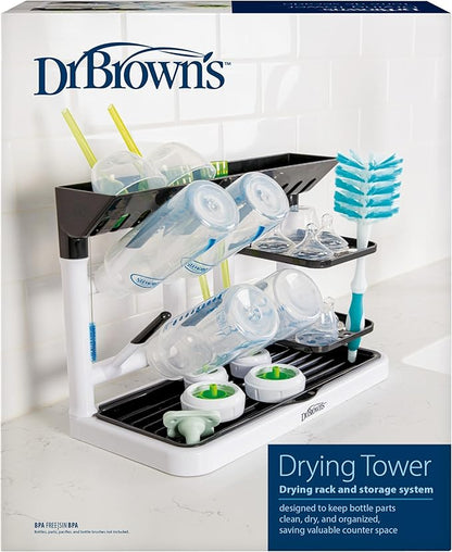 Dr. Brown's Baby Bottle Drying Tower, Stand-Up Countertop Drying Rack with Organized Storage for Baby Essentials, Space Saving Vertical Rack, Black/White