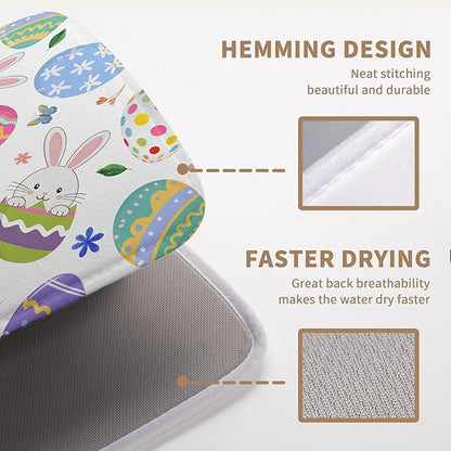 Happy Easter Bunny Dish Drying Mats Spring Floral Dish Mat Easter Cute Rabbit Eggs Drying Matt Dishes Dryer Pad for Kitchen Counter Absorbent Microfiber Washable Foldable Reusable 18x24 in
