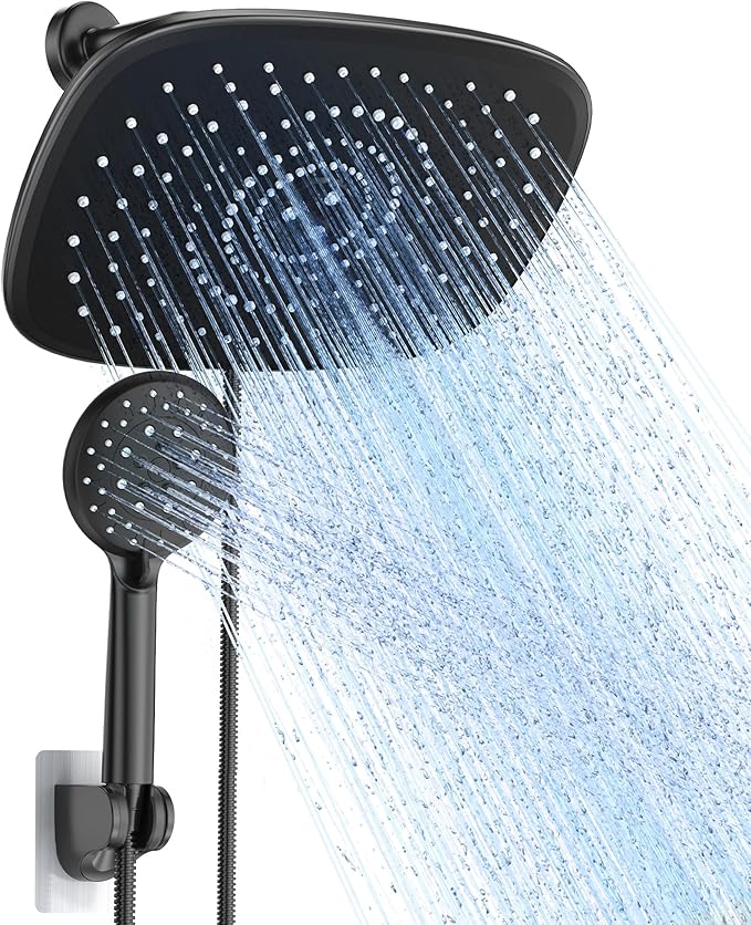 Veken Rain Shower Head with Handheld, High Pressure Rainfall Showerhead Combo with 5 Handheld Water Spray Modes for Bathroom Accessories, Home Decor, Detachable Dual Shower Heads, Matte Black, 10 Inch