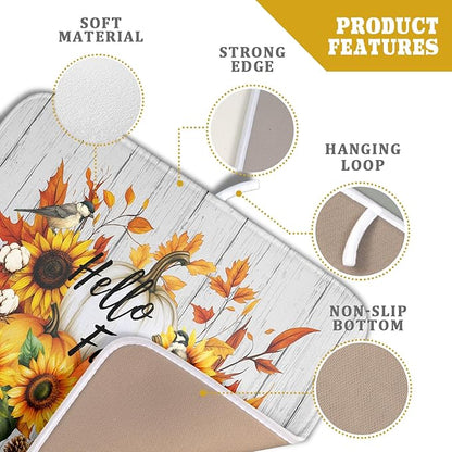 Hello Fall Sunflowers Dish Drying Mat for Kitchen Counter,Autumn Pumpkin Maple Leaves Drying Mat 16 x 18 Inch with High Absorbent Microfiber Dish Drying Drainer Mat for Coffee Bar