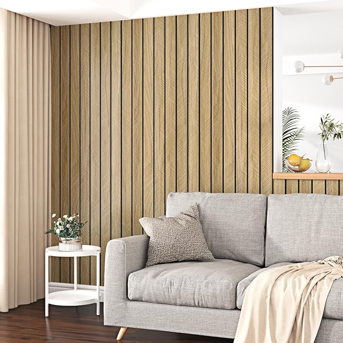 Wallercity 3D Wood Grain Wall Panels Self Adhesive Wood Slats Wall Paneling for Walls Soundproof Peel and Stick Wooden Panel for Living Room Bedroom Bathroom Waterproof Fence Wallpaper 11.7''x197''
