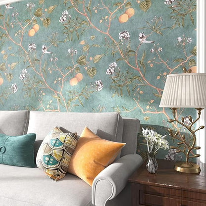 Laatse Green Floral Wallpaper Peel and Stick Bird Wallpaper 17.5" x 393" Vintage Contact Paper Waterproof Self Adhesive Removable Boho Floral Wall Paper for Bedroom Walls Cabinet Locker