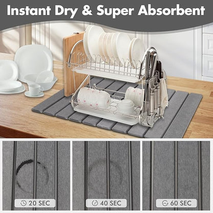 Large Stone Dish Drying Mat for Kitchen Counter, Eco-friendly, Instant Drying Pad,Diatomaceous Earth Water Absorbing Mat, Foldable and Super Absorbent Dish Drying Stone Mat, 24"×16", Dark Gray